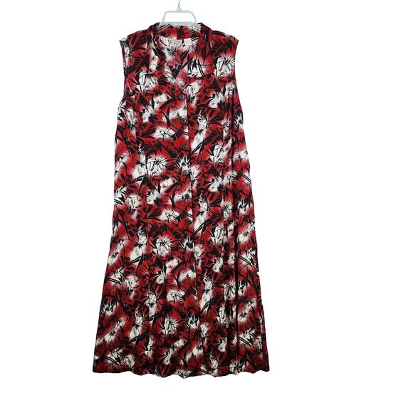 Vtg 90s Y2K Erika Dress Rayon Maxi Button Front Floral Tropical Red Black Size L - Picture 1 of 13